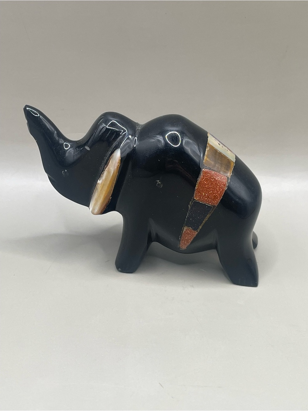 Hand carved Obsidian Elephant Trunk Up 2.5” Figurine Inlaid Semi-precious Stones